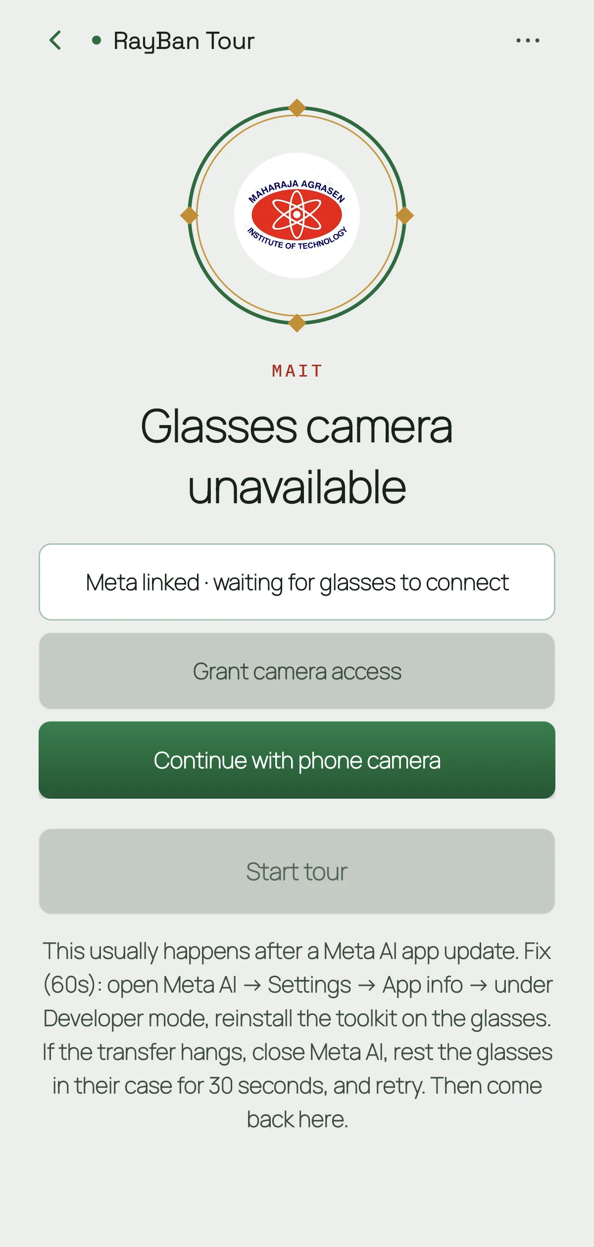 Guard screen: 'Glasses camera unavailable' with a sixty-second fix written out below the controls