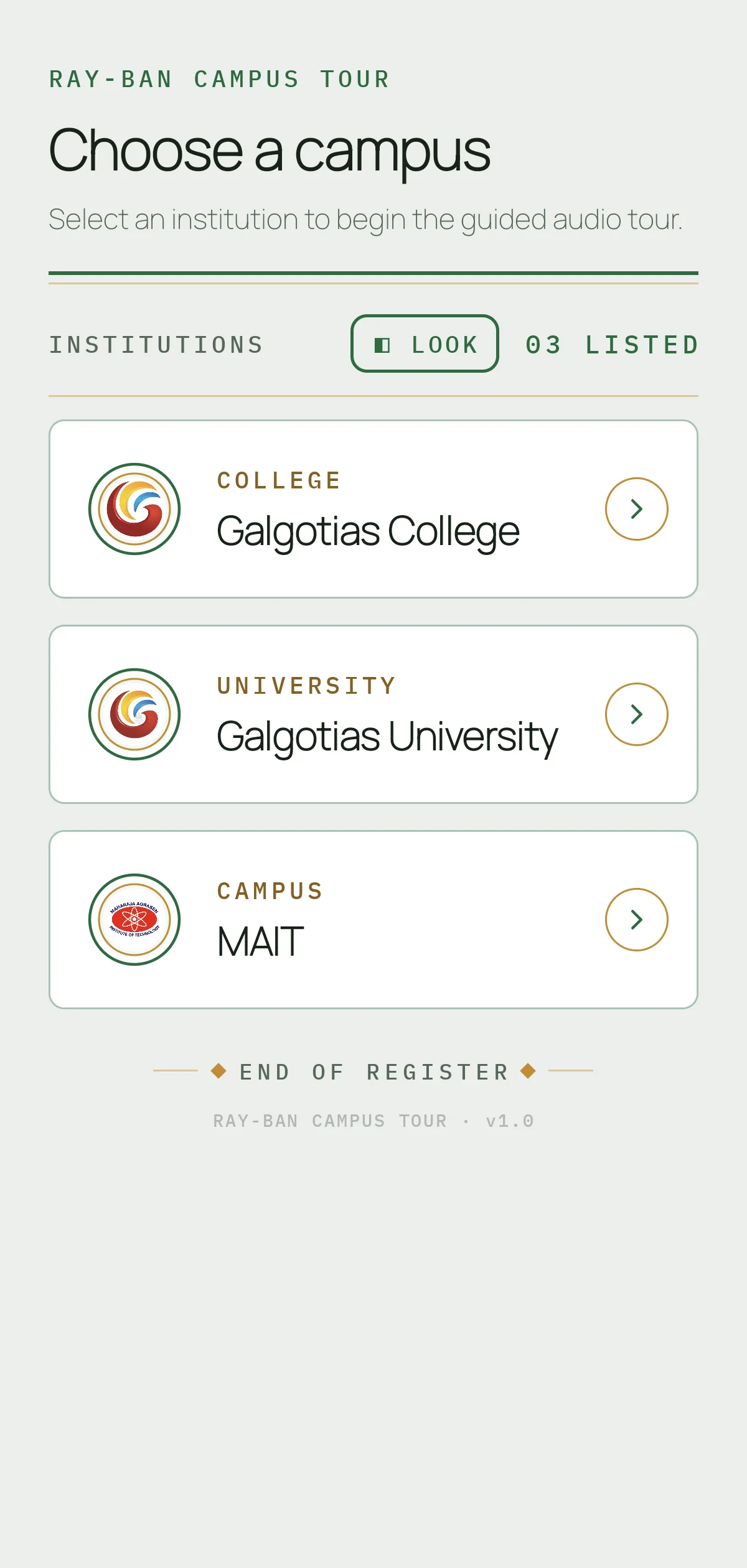 Campus picker screen listing three institutions, each with its crest