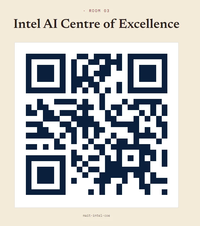 A printed room poster: room name above a large QR code