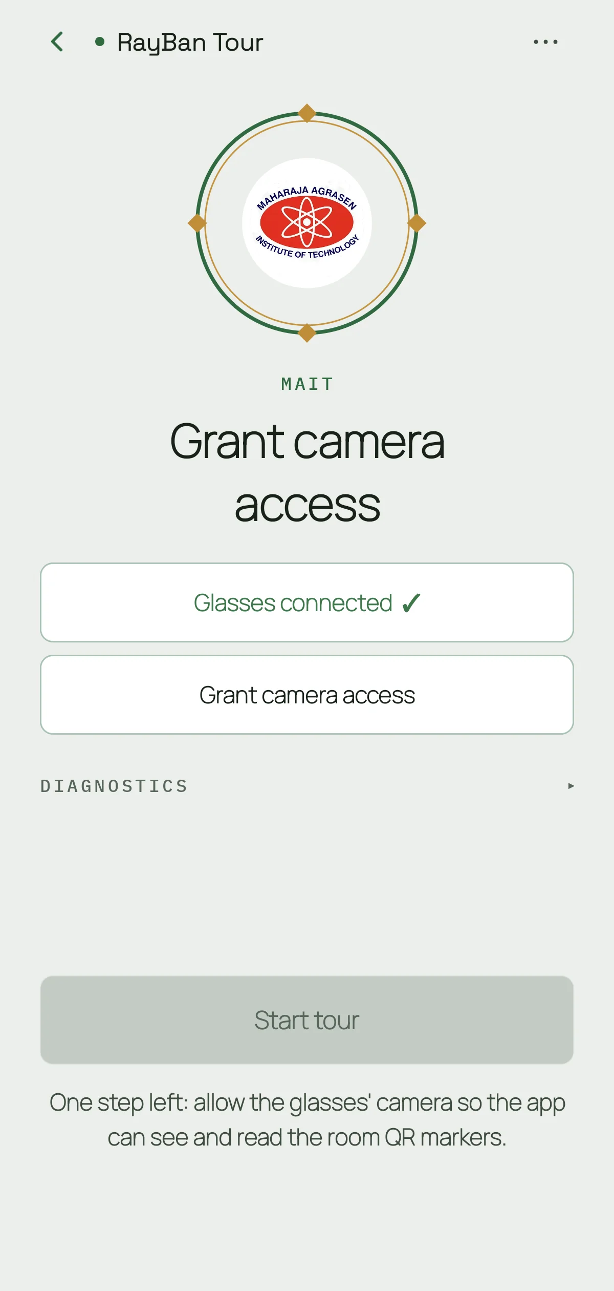 Setup screen after recovery: 'Glasses connected' confirmed with a check mark
