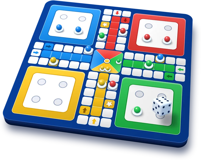 The four-sided Play Ludo board in 3D, mid-match, with a die on the green yard.