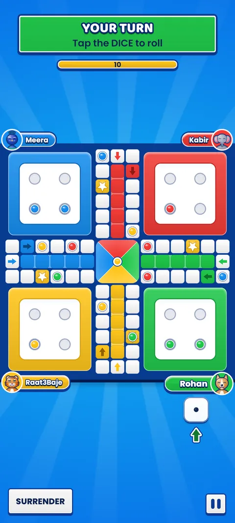 A four-player Play Ludo match on the classic board with a green YOUR TURN banner that reads Tap the DICE to roll.