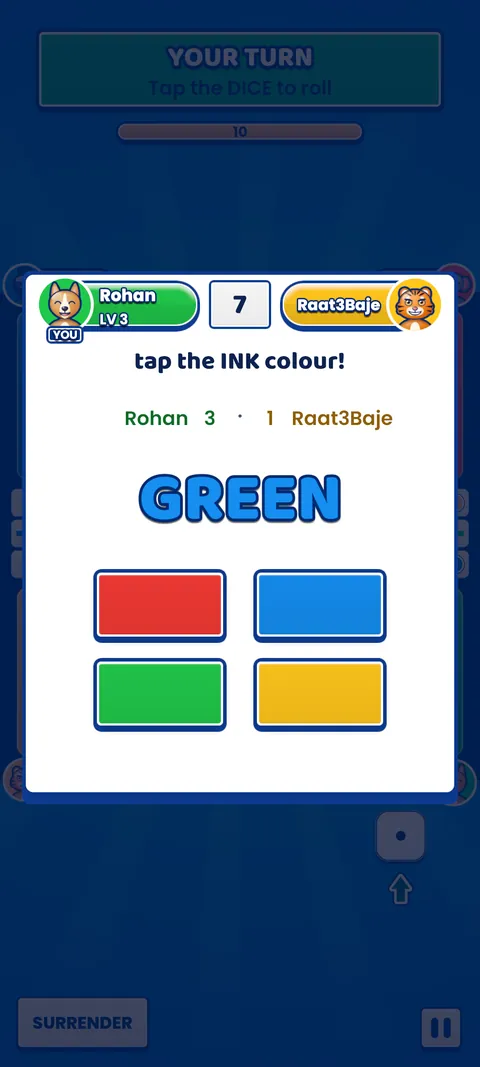 A Play Ludo duel: the word GREEN drawn in blue ink above four colour buttons, with two player plates and a clock showing 7.