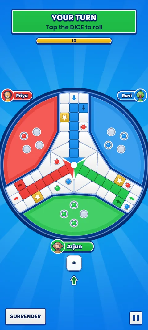A three-player Play Ludo match on the round three-sided board.