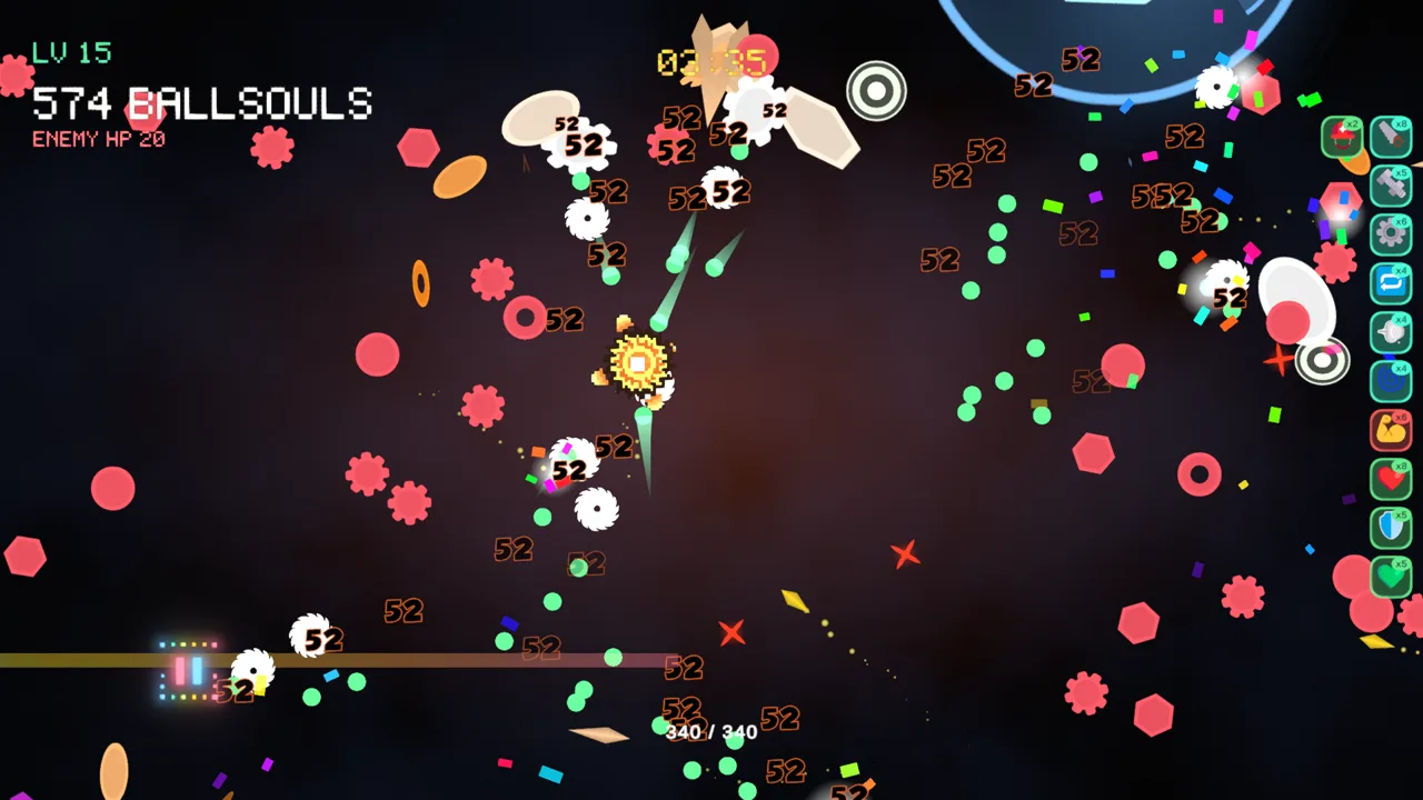 Ball Survivors gameplay: enemies of several distinct shapes closing in around the player's ball as damage numbers erupt.