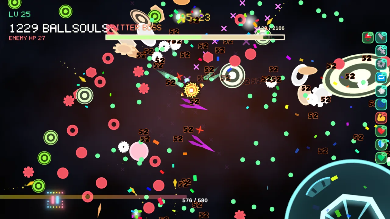 Ball Survivors gameplay: the player's ball buried in a swarm with damage numbers pouring out.