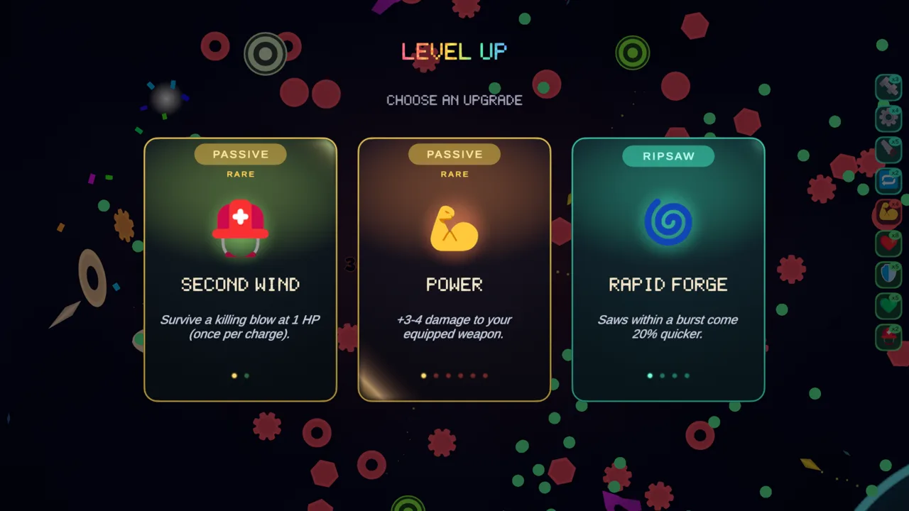 The LEVEL UP screen, the fight frozen behind it, offering a choice of three upgrade cards.