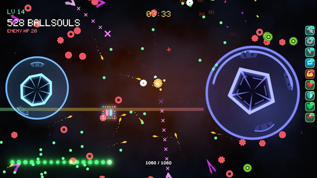Two large suspended artifacts hanging in the arena with the player and enemies moving around them.