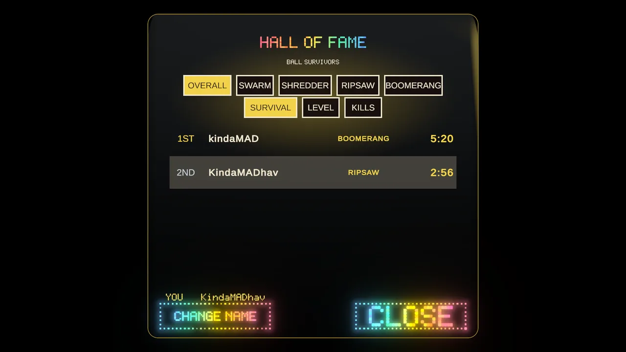 The in-game Hall of Fame panel listing the top Ball Survivors runs by weapon.