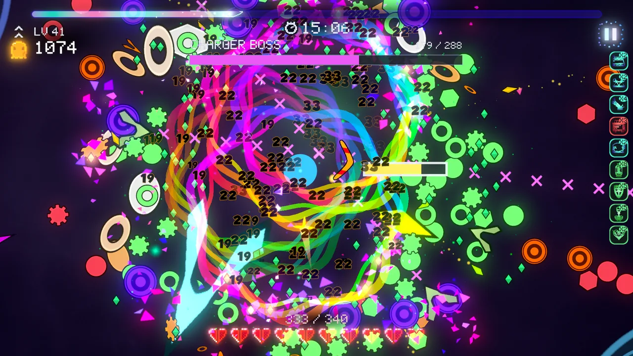 A boss fight fifteen minutes in, the arena drowned in rainbow chain detonations and damage numbers.