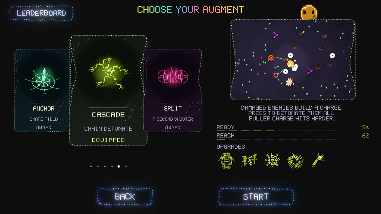 The augment picker before a run: CASCADE equipped, with ANCHOR and SPLIT beside it and a live preview of what it does.