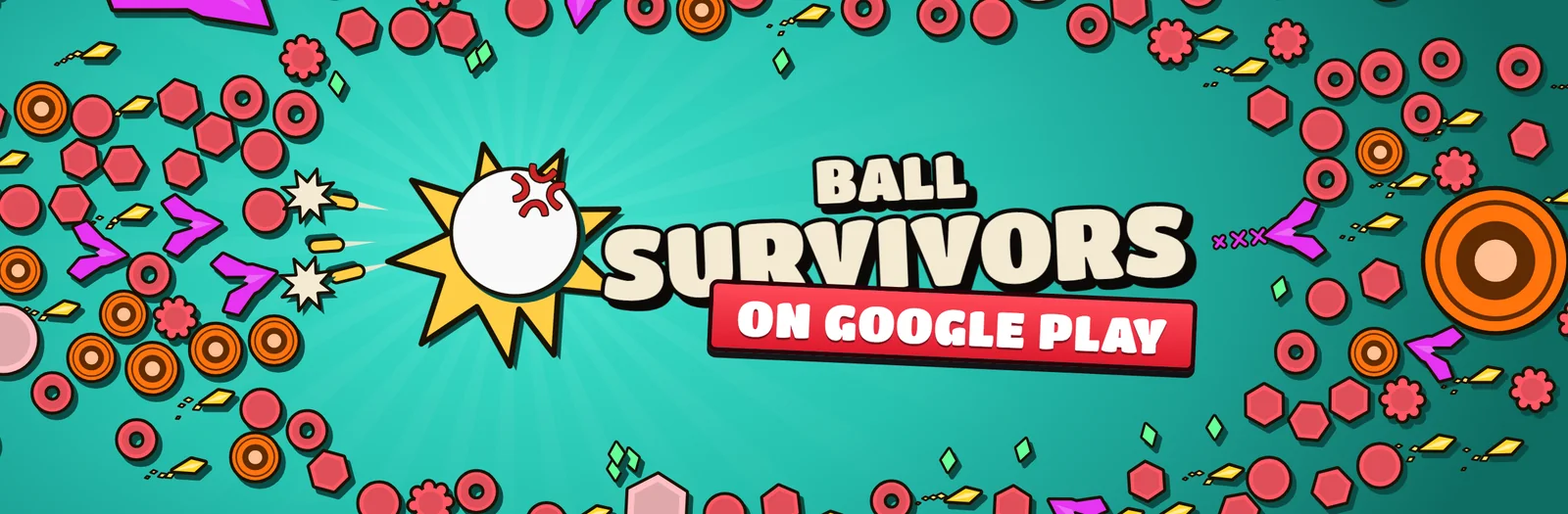Ball Survivors on Google Play: the angry white ball bursting out of a teal arena as every enemy in the game closes in.