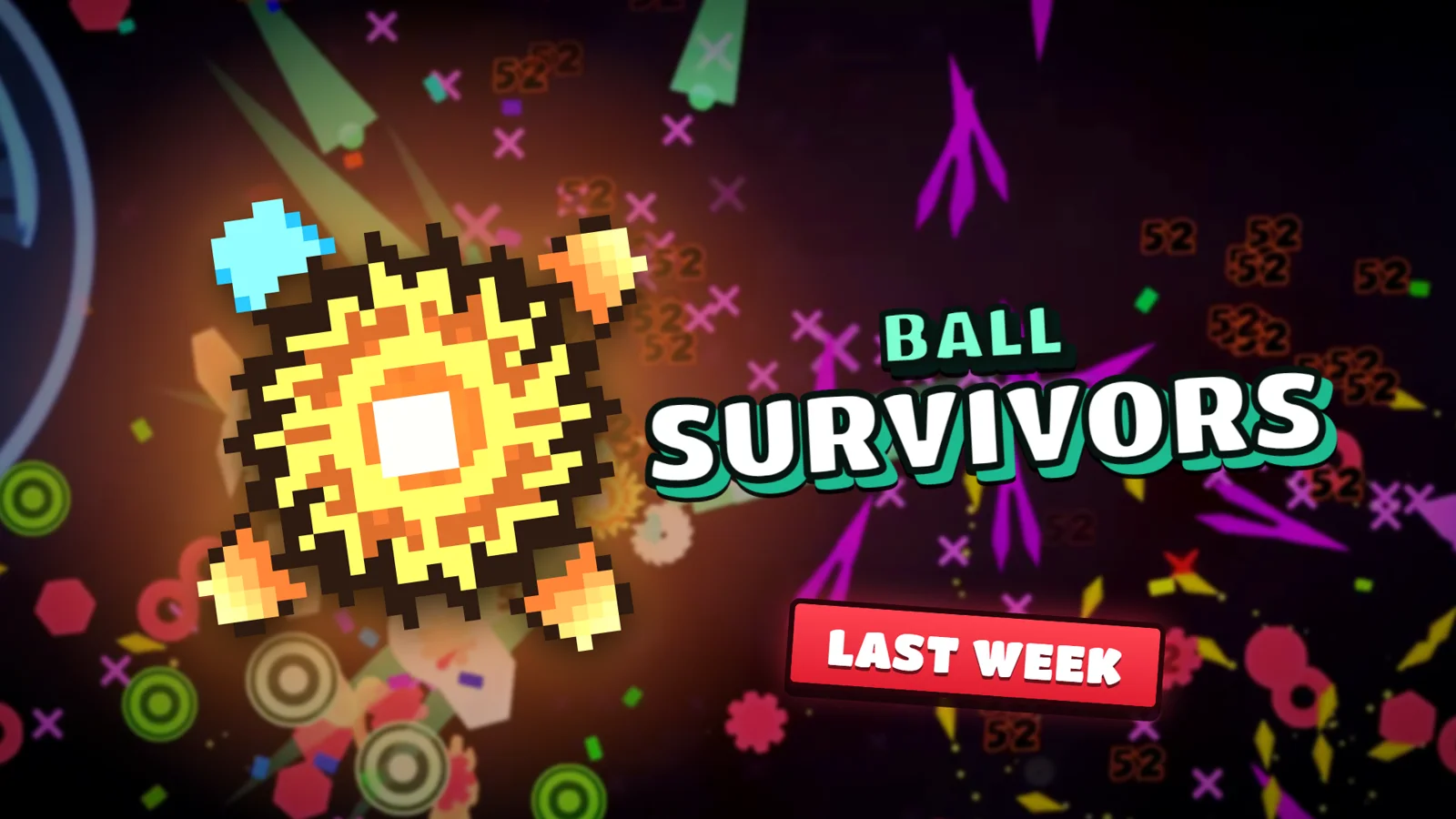 Ball Survivors key art: a blazing pixel fireball in a swarm, beside the words BALL SURVIVORS.